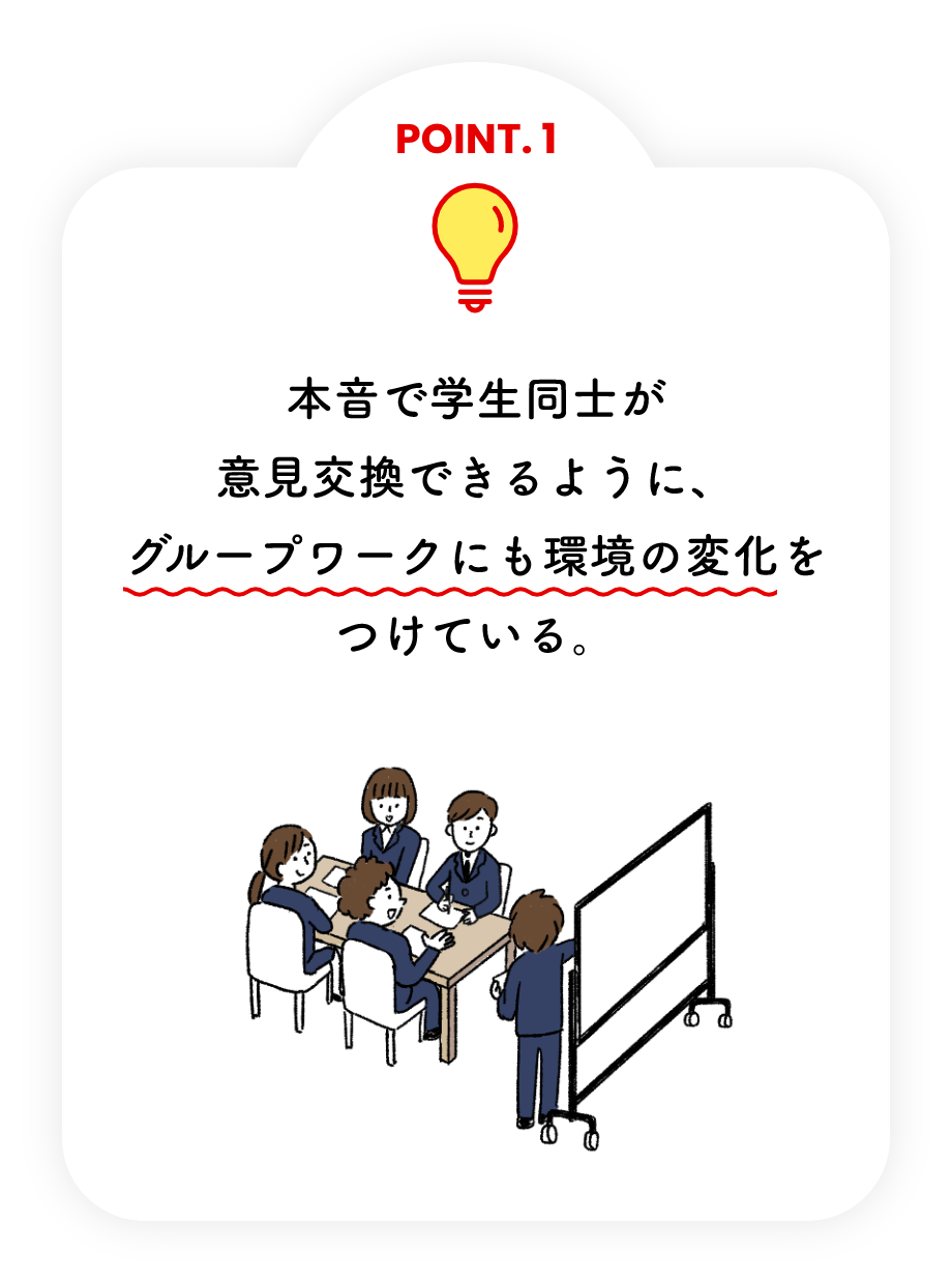 本音で学生同士が意見交換できるように、グループワークにも環境の変化をつけている。